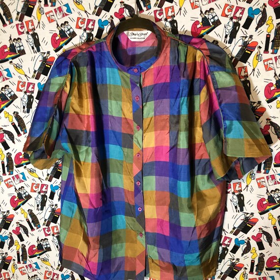 80s rainbow plaid blouse!