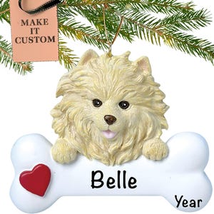 Personalised Pomeranian Ornament, Puppies First Christmas Ornament 2024, White Pomeranian Gift, New Puppy Ornament, Custom Dog Bone w/ Name