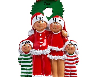Personalised Ethnic Family Of Four Christmas Pajamas Ornament, Ethnic Christmas Ornaments, Grandparent, Grandkids, Grandchildren Names