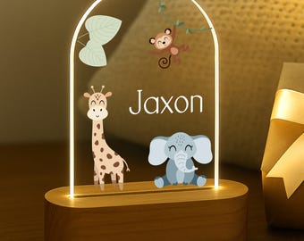Personalised Jungle Baby Night Light • Safari Nursery Lamp with Name • Custom Animal LED Baby Light