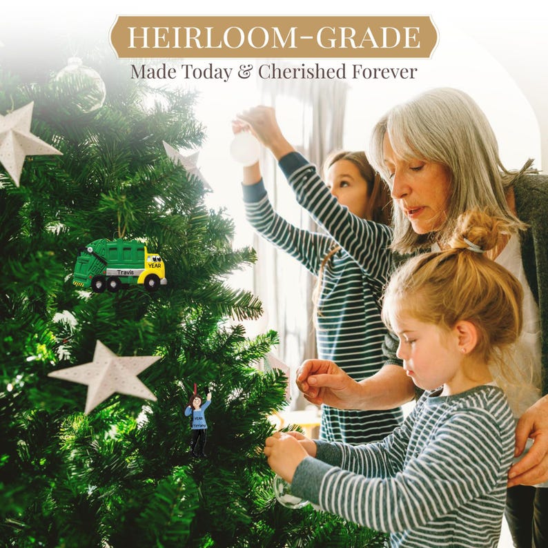 May include: Three people, two children and an adult, decorate a Christmas tree with ornaments. The tree is decorated with a green and yellow garbage truck ornament, a white star ornament, and a small figurine ornament. The text on the ornament reads "Year Travis".
