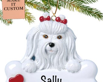 Personalised Maltese Dog Ornament || Dog Bone Christmas Ornament || Custom Pet Maltese Sculpture || Maltese Shih Tzu Gifts || Puppy Ornament