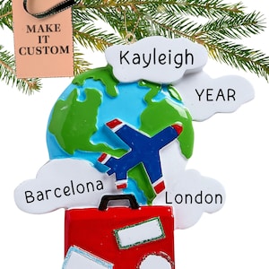 World Traveler Globe Ornament - Personalised Traveling Suitcase Ornament - World Travel Christmas Decorations - Trip Ornament