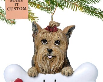 Yorkie Ornament w/ Dog Bone, Miniature Yorkshire Terrier Decor, Dogs First Christmas Ornament, Pet Portrait Yorkie, Custom Yorkie Mom Gifts