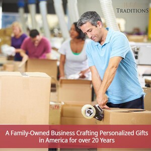 May include: A man in a blue shirt tapes a cardboard box closed. The box is sitting on a table with other boxes. The text "A Family-Owned Business Crafting Personalized Gifts in America for over 20 Years" is at the bottom of the image.
