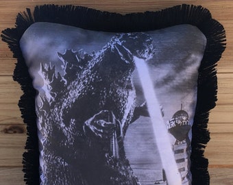 Handmade Godzilla Pillow: Classic Movie Art with Black Fringe