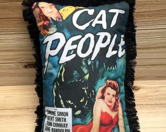 Cat People Pillow, Simone Simon, Kent Smith, Tom Conway, Jane Randolph, Handmade Classic Movie Art Pillow (with Fluffy Stuffing)