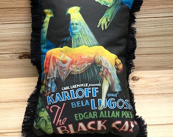 The Black Cat Pillow, Boris Karloff, Bela Lugosi,  Handmade Classic Movie Art Pillow (with Fluffy Stuffing) | Classic Movie Posters