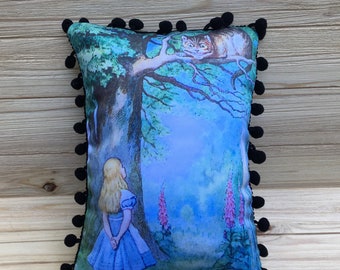 Alice in Wonderland Pillow, Alice & The Cheshire Cat, Handmade Classic Literature Art Pillow (with Fluffy Stuffing)