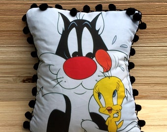 Sylvester and Tweety Bird Pillow, Handmade Classic Cartoon Art Pillow (with Fluffy Stuffing)