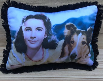 Courage of Lassie Pillow - Elizabeth Taylor and Frank Morgan, Handmade Classic Movie Art Pillow (with Fluffy Stuffing)