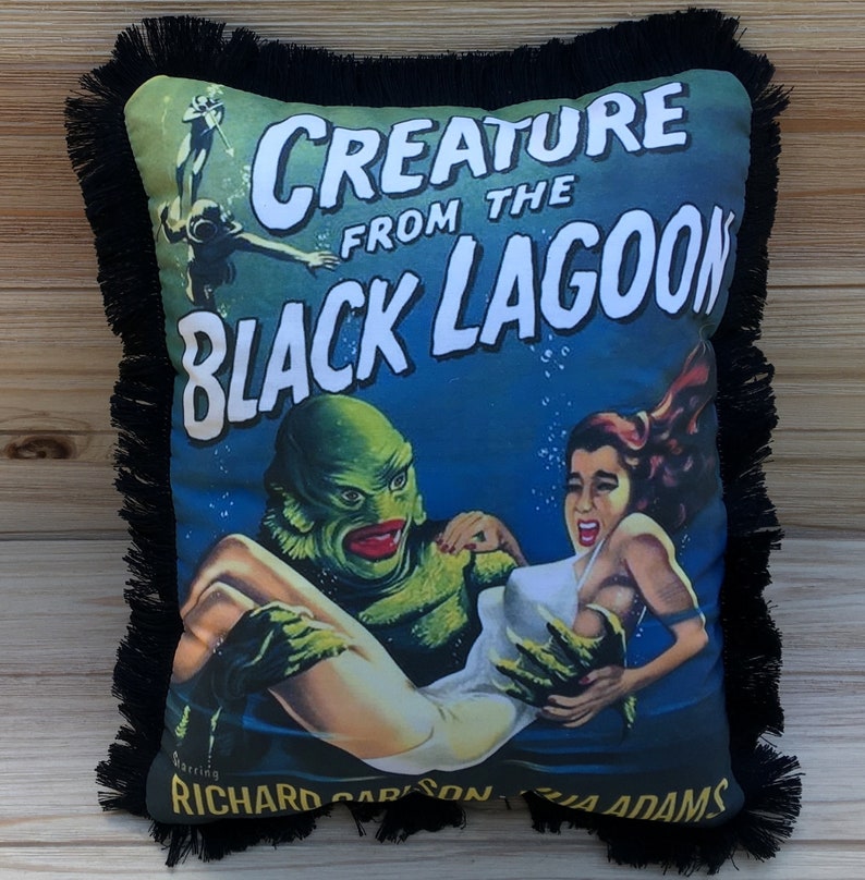 Creature from the Black Lagoon, Richard Carlson & Julie Adams, Handmade Classic Movie Art Pillow with Fluffy Stuffing image 1