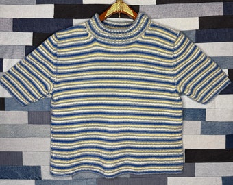 Vintage handmade wool/cotton knit blue yellow striped short sleeve sweater shirt