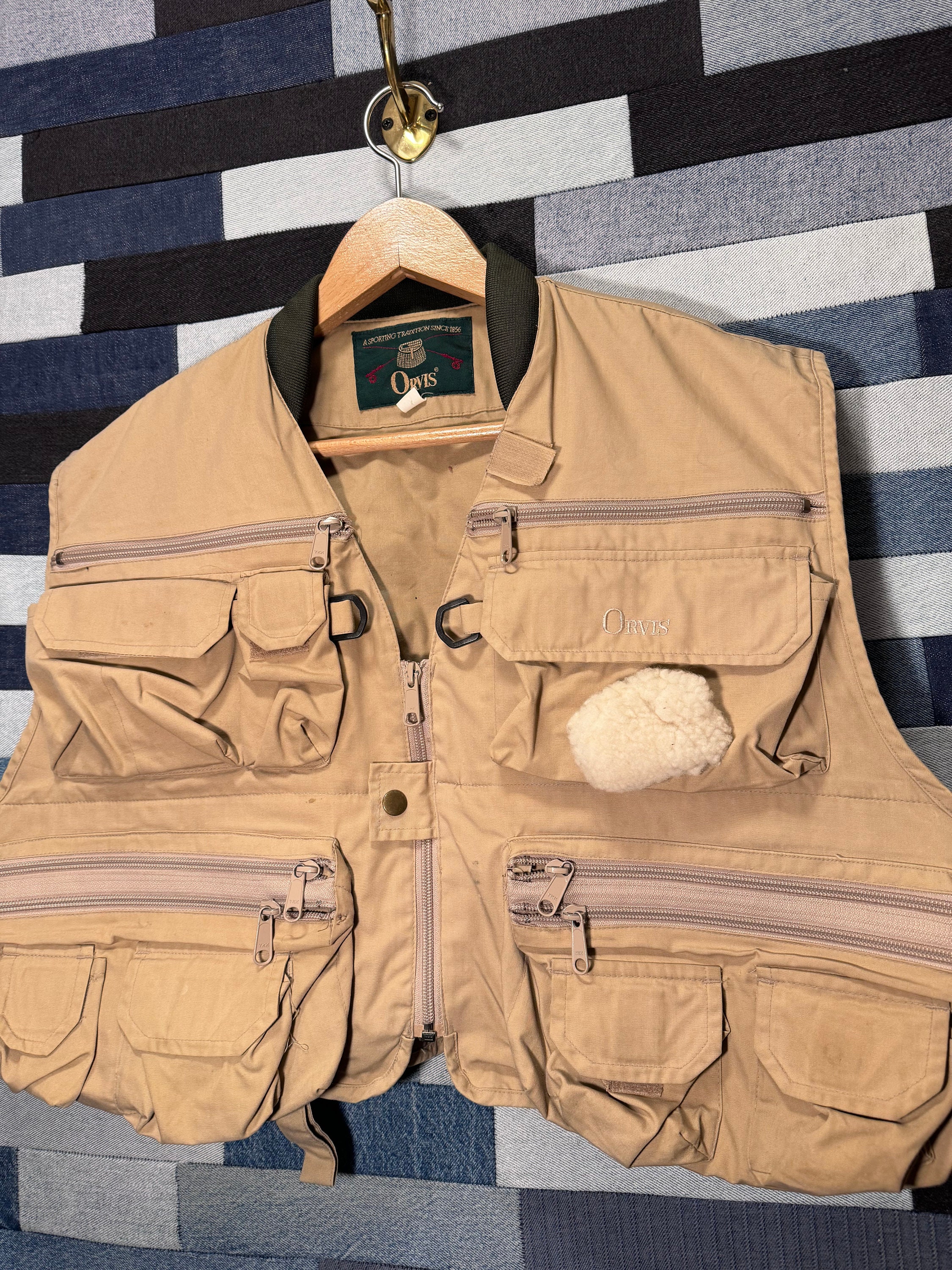 Vintage Orvis Khaki Utility Fly Fishing Vest Zip up Size Xl 