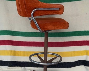 Vintage 1970s Retro Orange Velour High Top Barstool Tubular Chrome
