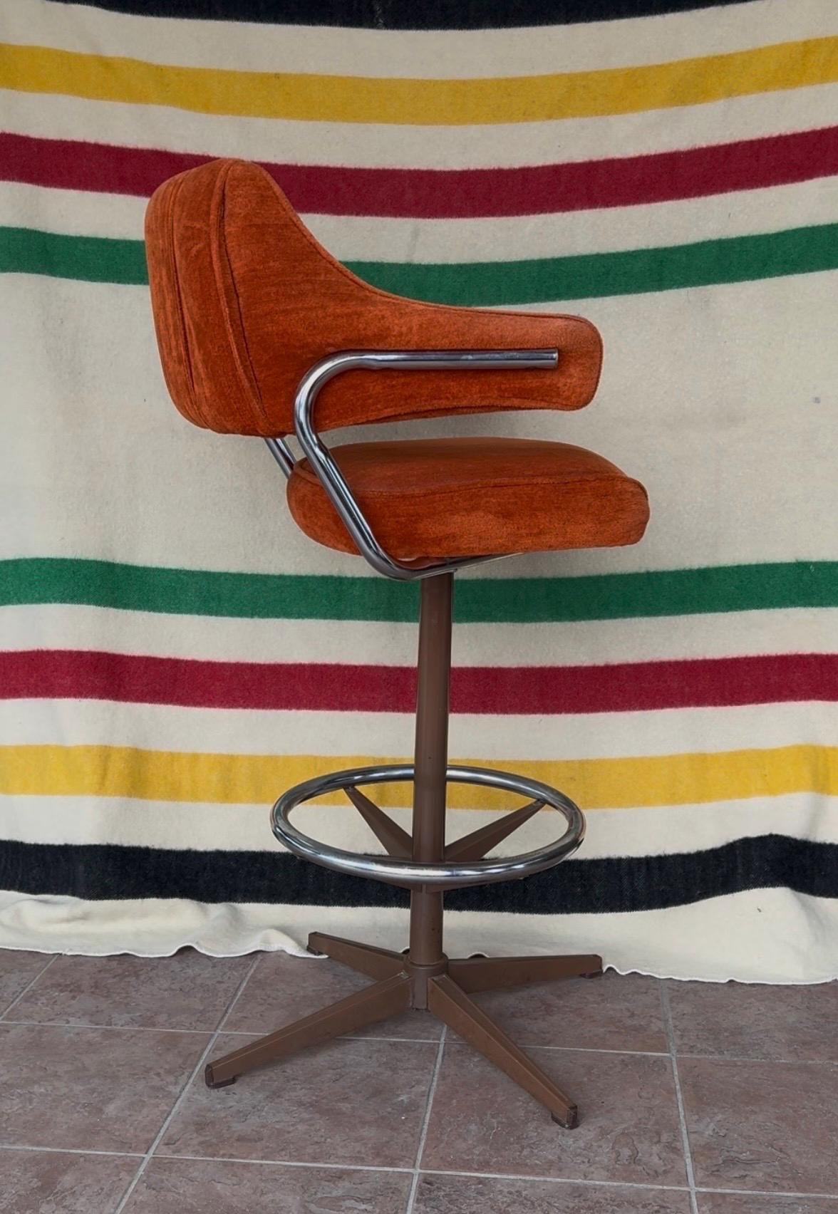 Vintage 1970s Retro Orange Velour High Top Barstool Tubular Chrome