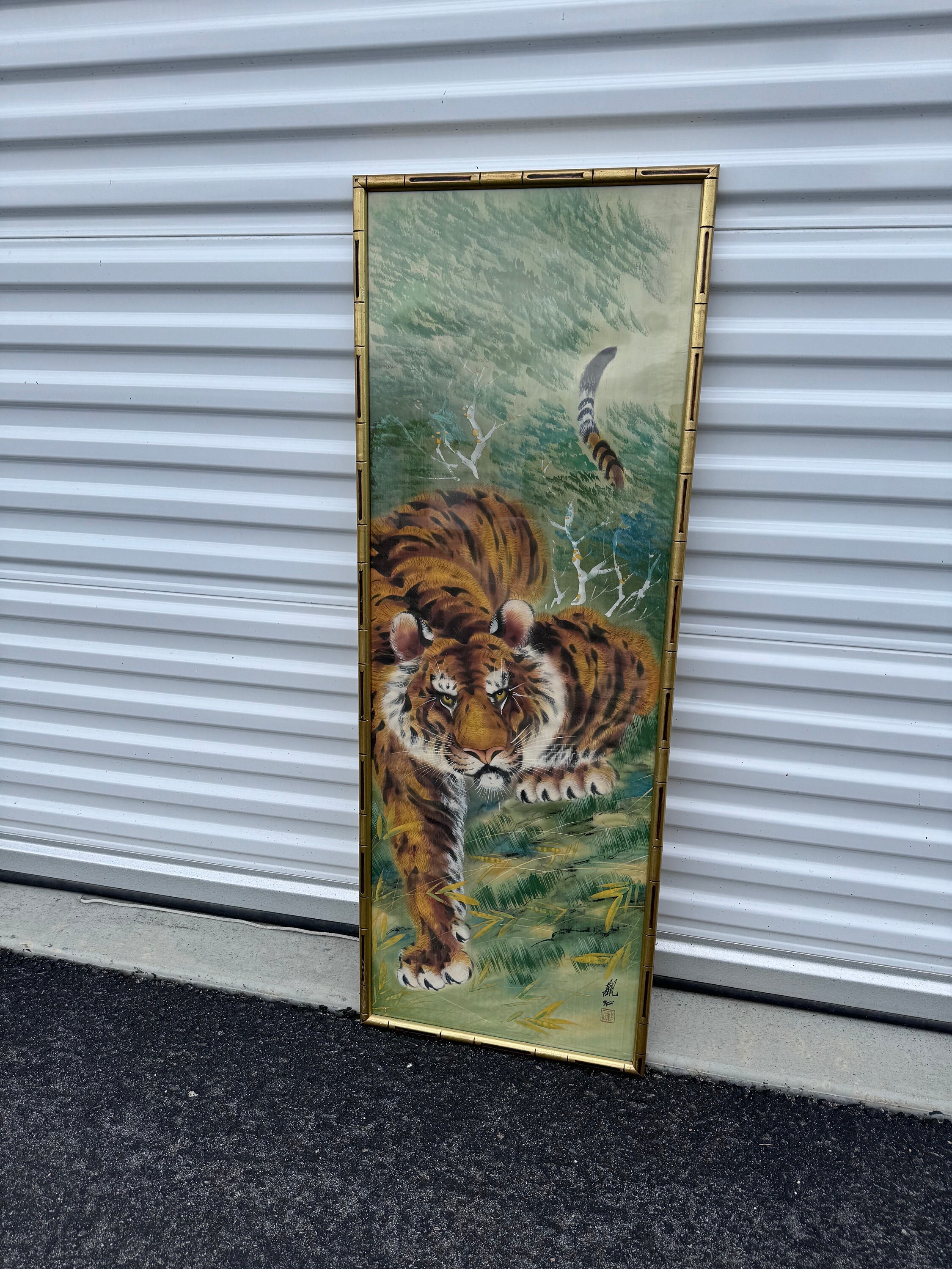 vintage 油絵　60年代　雑貨 Vintage 1960s Hand Painted Japanese Silk Tapestry Tiger