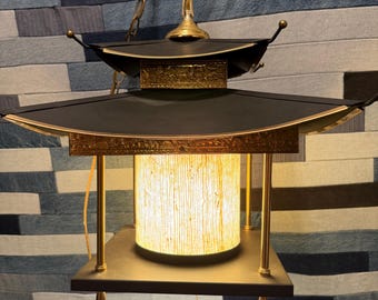 Vintage MCM Oriental Brass Ornate Metal Pagoda Hanging Chandelier Lamp Plug In