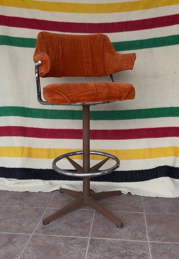 Vintage 1970s Retro Orange Velour High Top Barstool Tubular Chrome