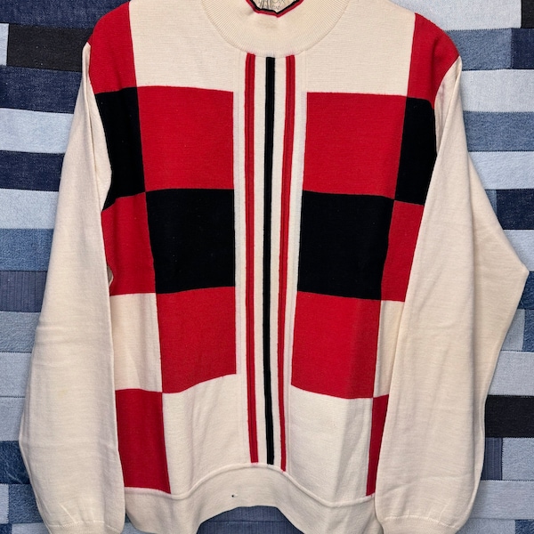 Vintage 1960s Damon Italy wool blend red white striped abstract pattern turtleneck sweater XL