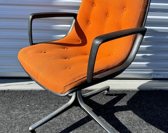 Vintage 1970s Steelcase Charles Pollock Style retro orange tweed rolling office armchair