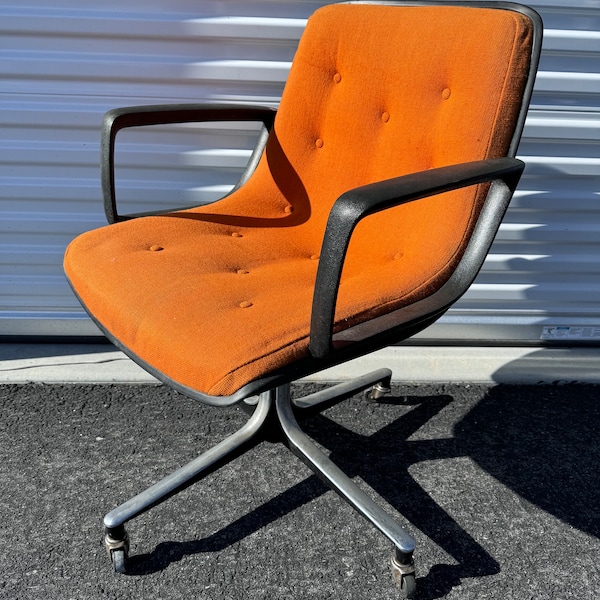 Vintage 1970s Steelcase Charles Pollock Style retro orange tweed rolling office armchair