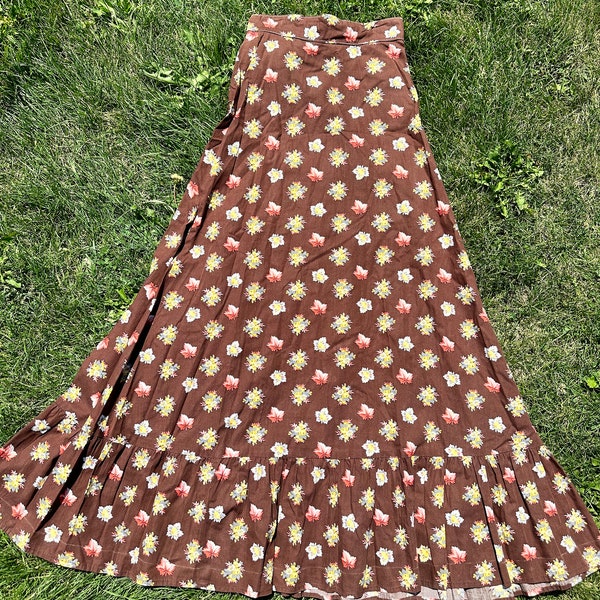 Vintage 1960s brown floral maxi prairie dress sundress