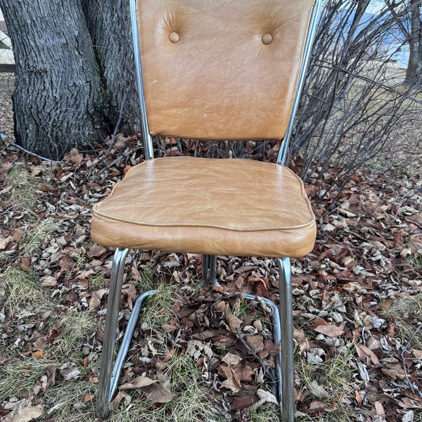 Vintage 1960s Douglas furniture stainless tubular cantilever dining chair beige vinyl leather