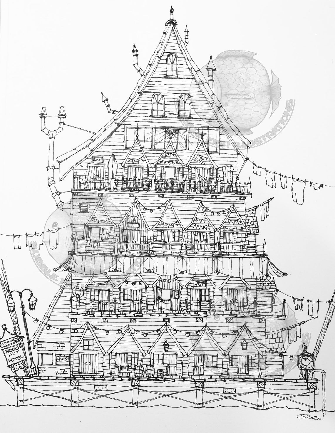 BEACH HUT HOTEL Printable Pdf Image Colouring Page Instant - Etsy