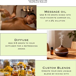 Puede incluir: Imagen publicitaria de Nature Botanic, que presenta aceites esenciales. Muestra un masaje, un difusor y frascos de aceites. El texto proporciona instrucciones para el aceite de masaje, la difusi&oacute;n y las mezclas personalizadas. Advertencia: Solo para uso externo.