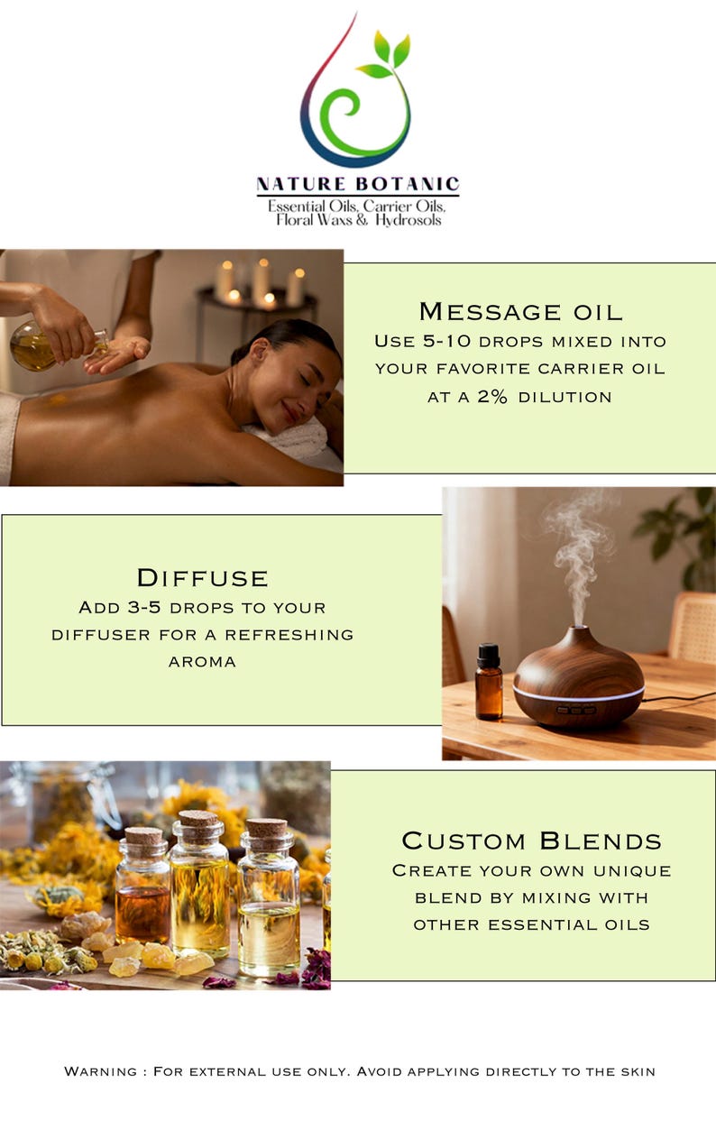 Puede incluir: Imagen publicitaria de Nature Botanic, que presenta aceites esenciales. Muestra un masaje, un difusor y frascos de aceites. El texto proporciona instrucciones para el aceite de masaje, la difusi&oacute;n y las mezclas personalizadas. Advertencia: Solo para uso externo.