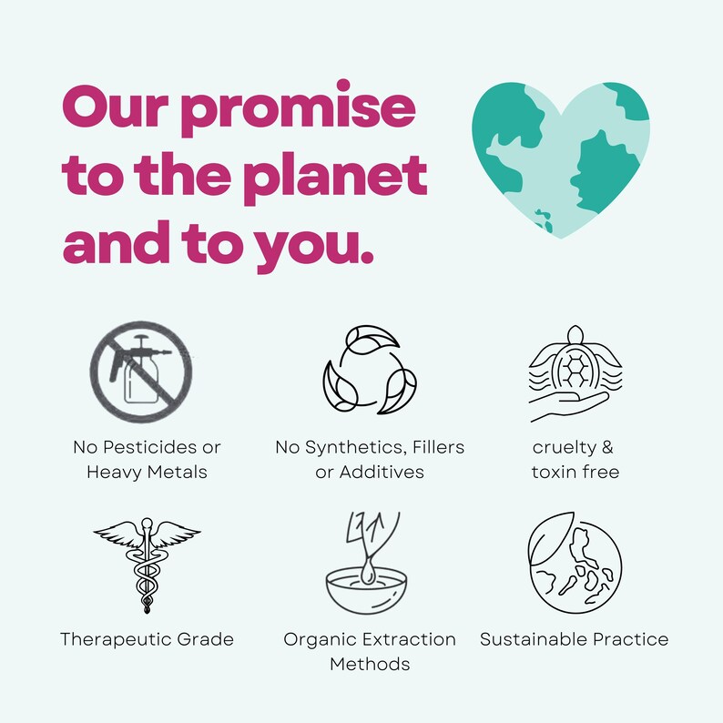 Puede incluir: Gr&aacute;fico con el texto "Nuestra promesa al planeta y a ti" e iconos que representan "Sin pesticidas ni metales pesados", "Sin sint&eacute;ticos, rellenos ni aditivos", "libre de crueldad y toxinas", "Grado terap&eacute;utico", "M&eacute;todos de extracci&oacute;n org&aacute;nica" y "Pr&aacute;ctica sostenible".