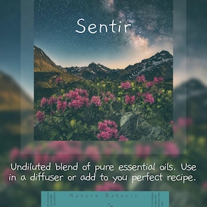 Puede incluir: Una botella de 10 ml de aceites esenciales etiquetada como "Sentir" con una imagen de monta&ntilde;a y flores. La etiqueta tambi&eacute;n incluye el texto "Nature Botanic" y "Mezcla sin diluir de aceites esenciales puras."