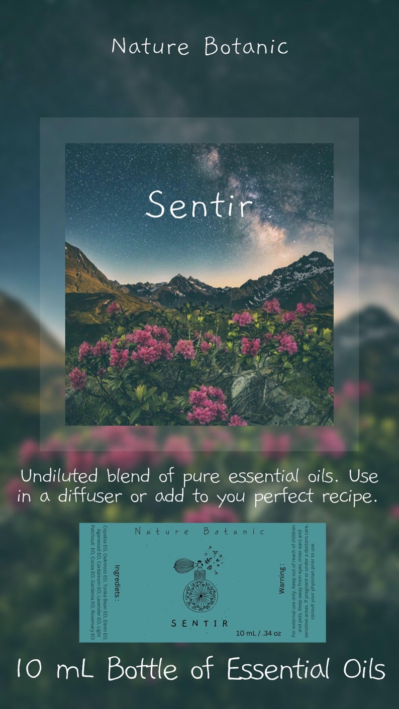 Puede incluir: Una botella de 10 ml de aceites esenciales etiquetada como "Sentir" con una imagen de monta&ntilde;a y flores. La etiqueta tambi&eacute;n incluye el texto "Nature Botanic" y "Mezcla sin diluir de aceites esenciales puras."