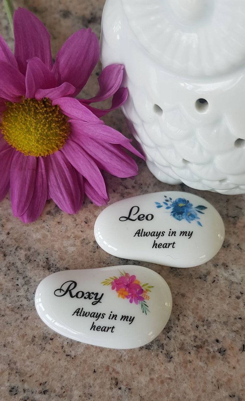 May include: Two white, oval-shaped ceramic stones with floral designs and the names "Leo" and "Roxy" printed on them. The text "Always in my heart" is below each name. A white owl-shaped ceramic diffuser and a pink flower are in the background.