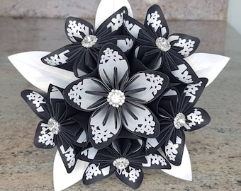 Black & White Origami Paper Flower Bouquet, Diamonte Decor