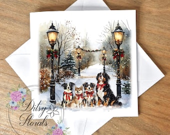Dog and Cat Christmas Greeting Card, Winter Scene, Blank Inside
