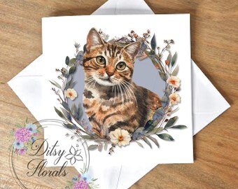Cat greeting cards,Floral, Blank card, Birthday, Thinking of you,Tabby cat, Black, Ginger, Siamese, British Short hair, Maine coon, Rag doll