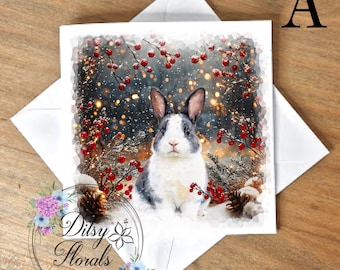 Rabbit and Guineapig Christmas Greeting Card, Winter Scene, Blank Inside