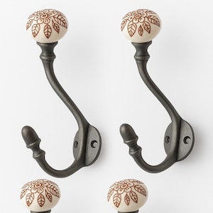 Coat Hook Ceramic Tip Retro Vintage Victorian Shabby Chic - Cast Iron Pack of 4