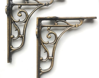 Classic Victorian Scroll Shelf Brackets - Pair in Antique Brass 7x7.5"