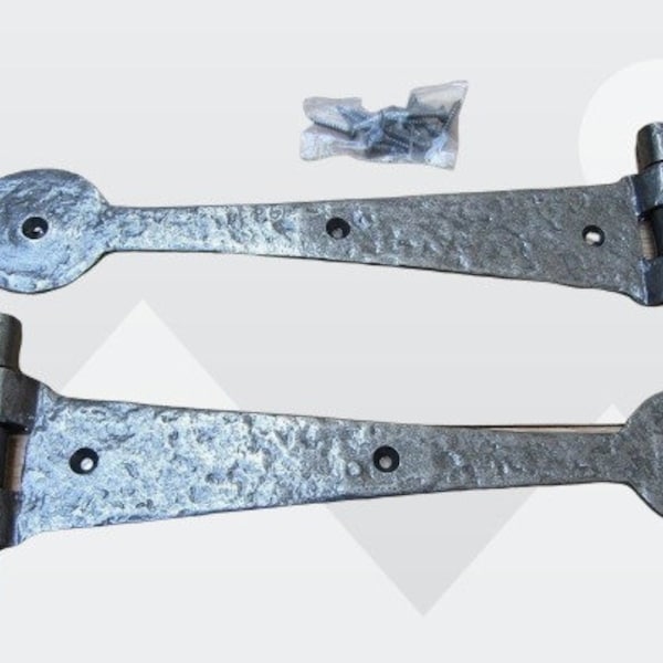 Pair of 12" Spear End Door Tee Hinges in Antique Cast Iron