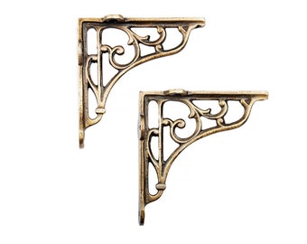 4x4 / 5x5 Pair Antique Brass Classic Victorian Scroll Shelf Brackets - Pair In Antique Brass