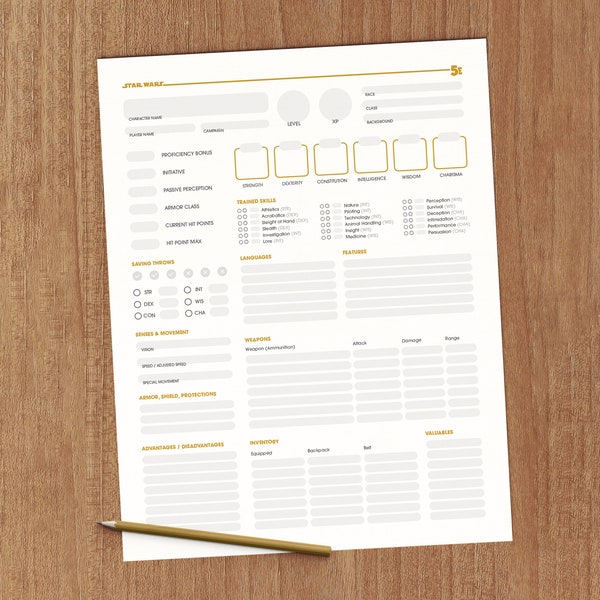 Star Wars 5e Tabletop RPG Character Sheets (in & colors + grayscale) | Printable versions and form-fillable versions included.