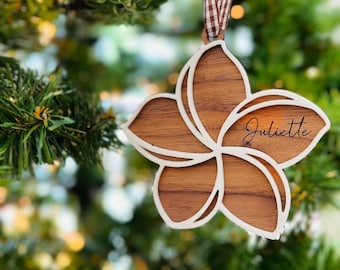 Plumeria Hawaiian Christmas Ornament Walnut hardwood and White Acrylic