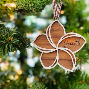 Plumeria Hawaiian Christmas Ornament Walnut hardwood and White Acrylic