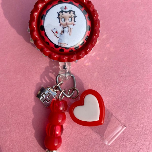 Bling rhinestone nurse Betty Boop inspired red badge reel
