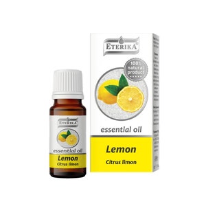 May include: A glass bottle of lemon essential oil with a white cap and a white label that says "ETERIKA essential oil Lemon Citrus limon". The bottle is sitting on a white background. The label also says "100% natural product".