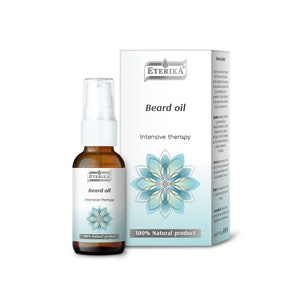 May include: A brown glass bottle with a white pump dispenser containing beard oil. The bottle has a white label with the text "ETERIKA Beard oil Intensive therapy 100% Natural product". The bottle is next to a white box with the same text and a blue and green floral design.