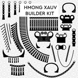 May include: A black and white graphic illustration of Hmong Xauv Builder Kit elements. The image includes various decorative components, such as chains, tassels, and ornamental shapes, with the text "HMONG XAUV BUILDER KIT" at the top.